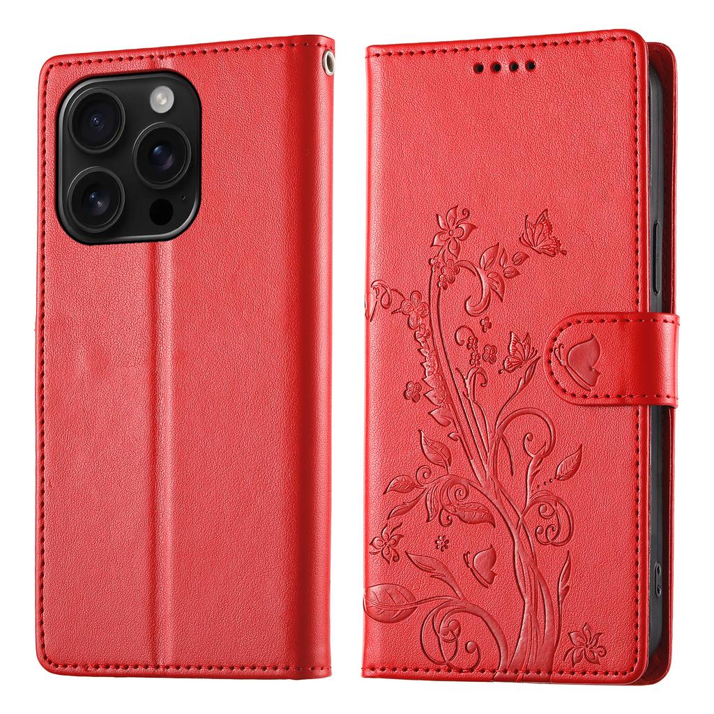 For iPhone 16 Pro Max Wallet Case Butterfly Floral Imprint PU Leather Phone Cover with Wrist Strap