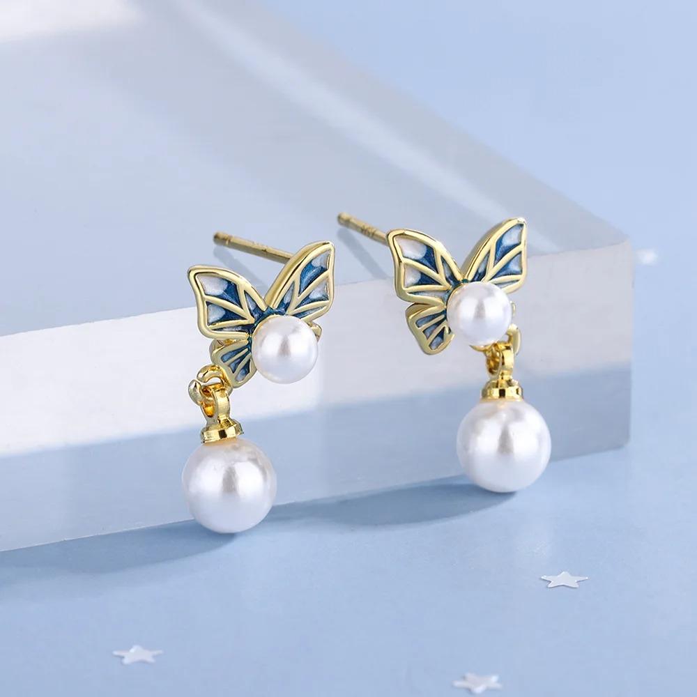 925 Sterling Silver Gold French Style Butterfly Pearl Pendant Earrings Romantic Vintage Elegant JewelryGood product
