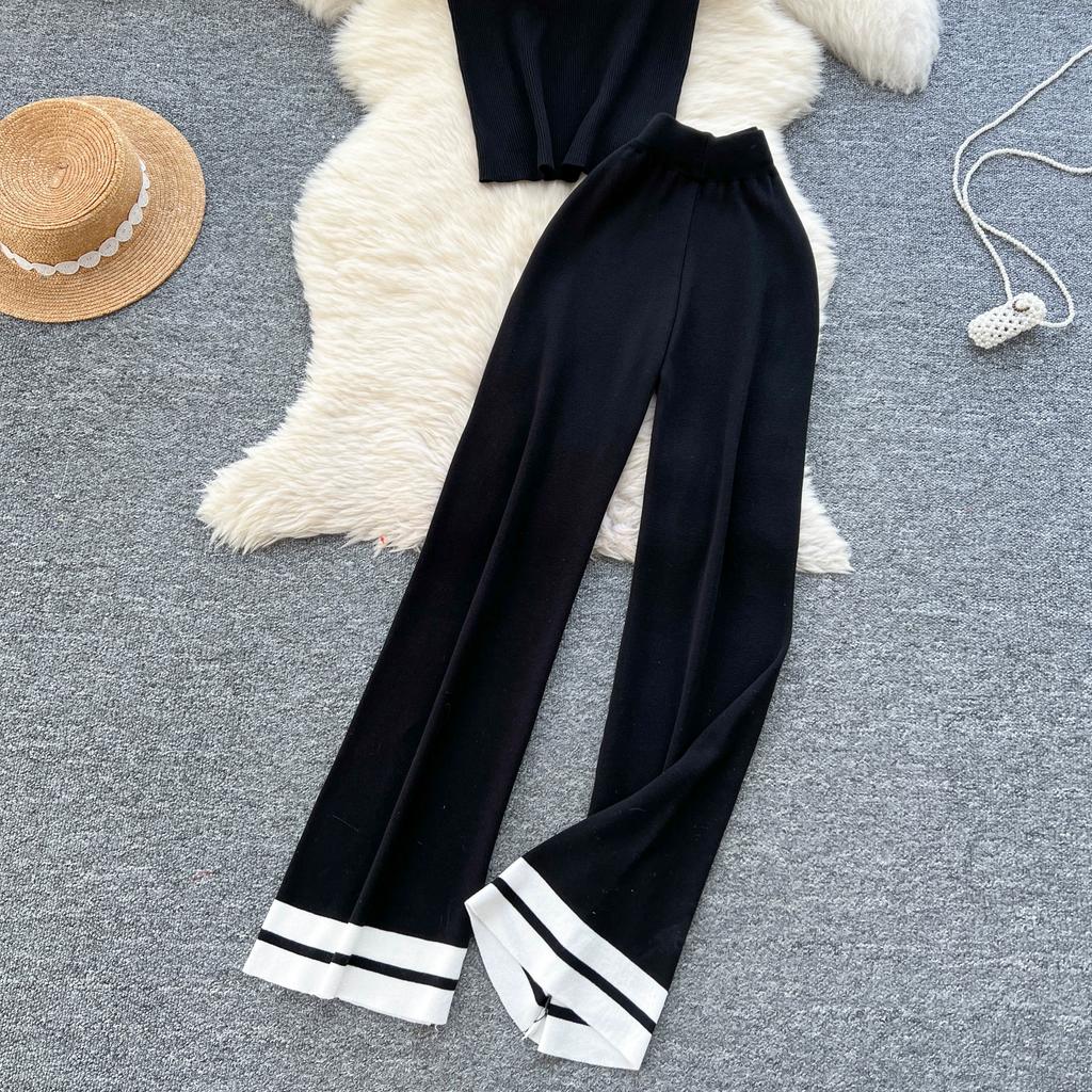 Летний женский повседневный полосатый трикотажный свитер, комплект из двух предметов, безрукавный пуловер и широкие брюки