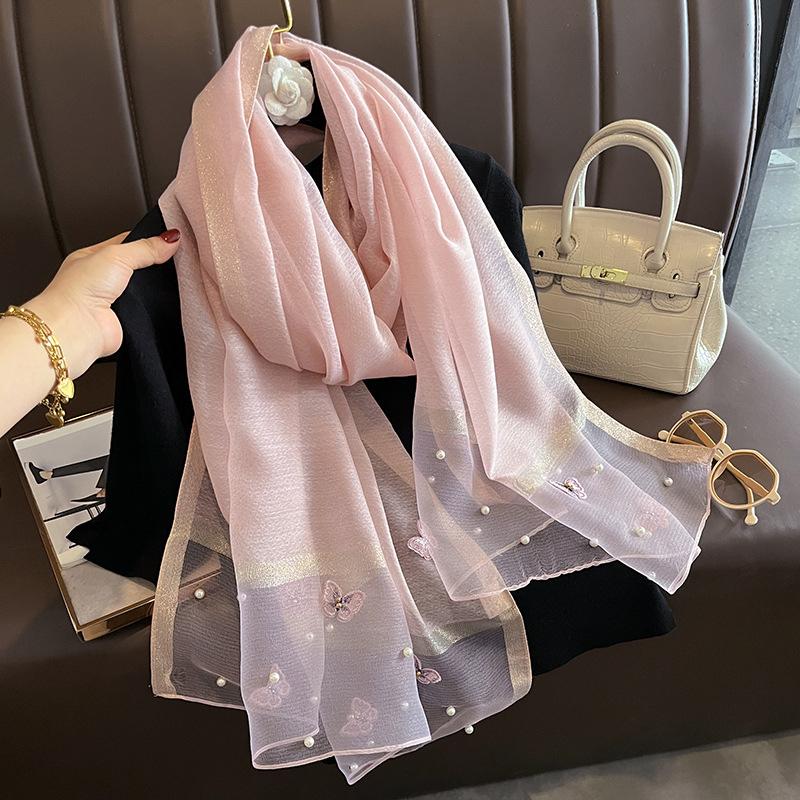 Luxury Silk Shawl Scarf for Women Design Embroidery Flowers Hijab Wraps Bufandas Female Headkerchief Fouloud Echarpe
