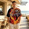 Men All‑Over Print Back Graphic Fire Roaring Tiger Crew Neck T‑Shirt, Wild Animal Flame Short Sleeve Tee