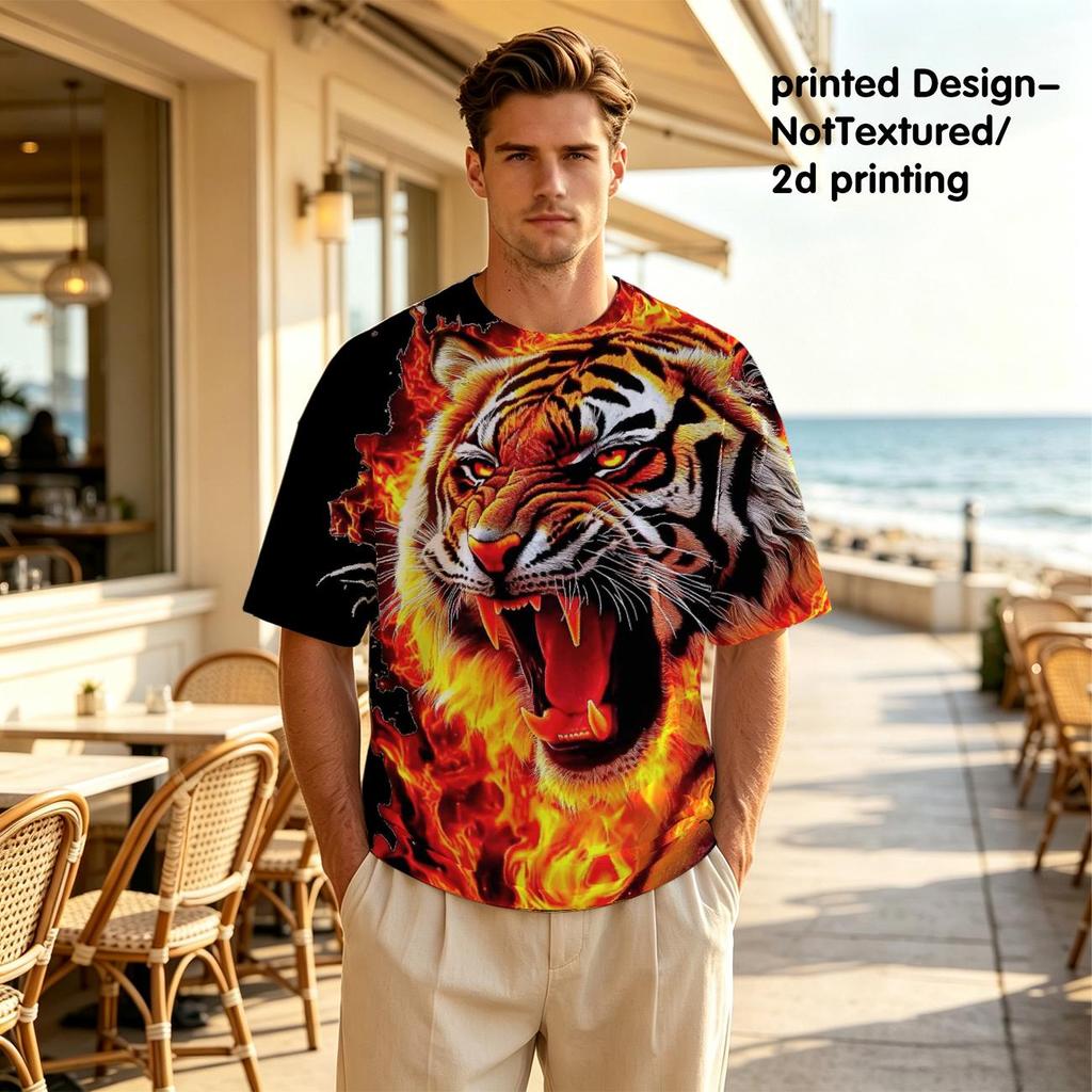Men All‑Over Print Back Graphic Fire Roaring Tiger Crew Neck T‑Shirt, Wild Animal Flame Short Sleeve Tee
