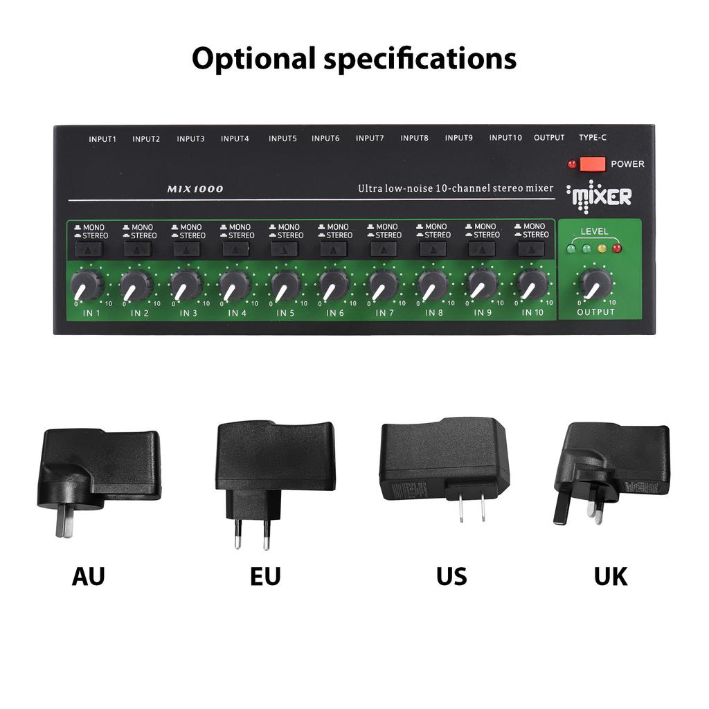 10-канальный аудиомикшер Стерео моно линейный микшер 6,35 мм TRS/TS вход металлический корпус аудио типа C