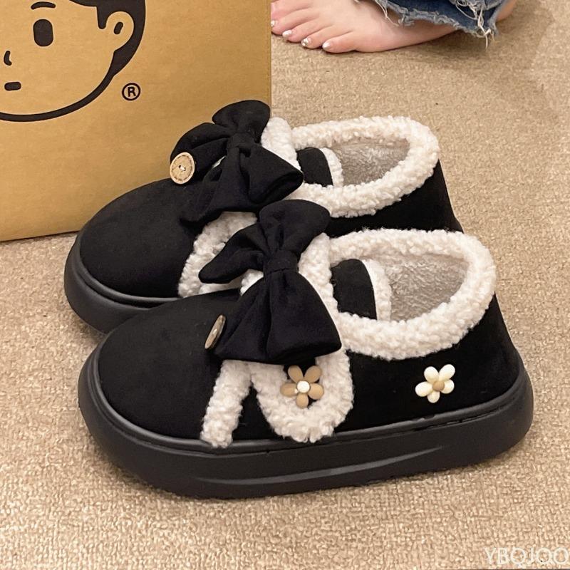 Модная зимняя верхняя одежда Новая сумка с бантом Каблук Женская обувь с бархатной теплотой Простота Комфорт Противоскользящие Повседневные ленивые тапочки