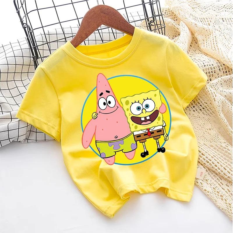 SpongeBob TShirt for Kids Cartoon Design Round Neck for Boys and Girls Cotton Casual Streetwear Short Sleeve Kids Tops