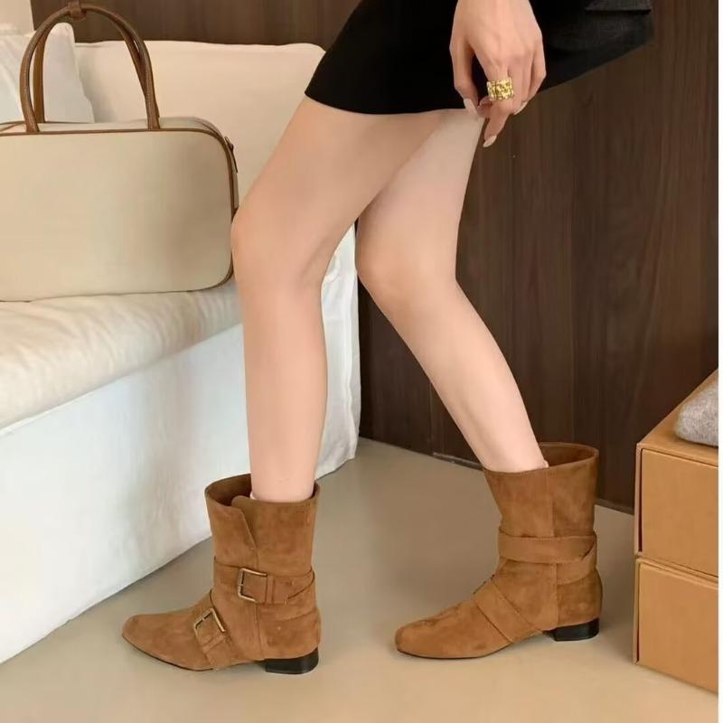 Autumn Inside Heightened Single Boots Women's Fashion Pointed Toe Suede Sleeve Metal Buckle Non-Slip Short Boots