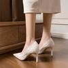 2025 Spring and Autumn Lace White Single Shoes Wedding Dress Bride Shoes Women's Pointed Head Thin Heel Hollow Embroidered Mesh High Heels