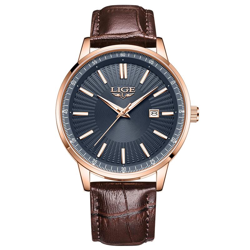 LIGE Men Business Quartz Watch Leather Strap Calendar Waterproof Minimalist Wristwatch