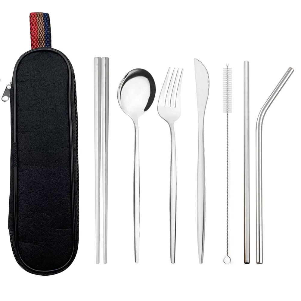 Серебряный набор столовой посуды, дорожный набор столовых приборов, многоразовое серебро, соломенные ложки, вилки, палочки для еды, кухонные аксессуары с сумкой