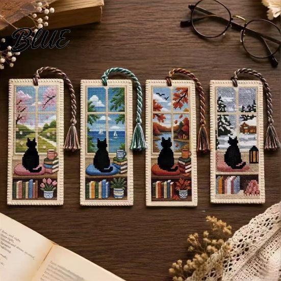 Закладка для книги вышивка крестом Сезонный кот Закладка для книги вышивка крестом Четыре сезона Черная с художественно сплетенным шнурком Ручная работа Маркер для страниц книги для любителей