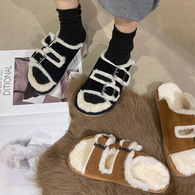 Мода 2025 Пряжка для ремня Шерстяные тапочки Женские туфли из искусственной замши Зимние пушистые шлепанцы Женские балетки Повседневные слипоны Шерстяные пантуфли для дома
