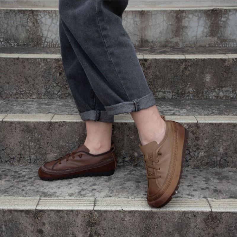 Johnature Retro Genuine Leather Casual Shoes Lightweight Soft Soled Non Slip Versatile Women's Slip-on Shoes