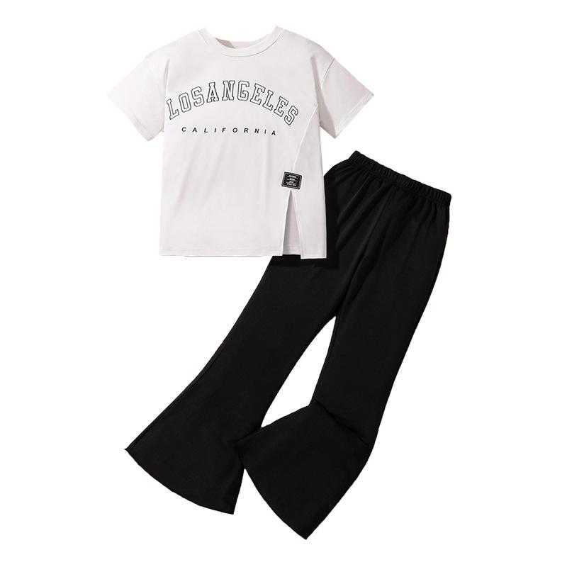 Костюм для девочек, летняя детская футболка с короткими рукавами и надписью, повседневные брюки, модный костюм из двух частей