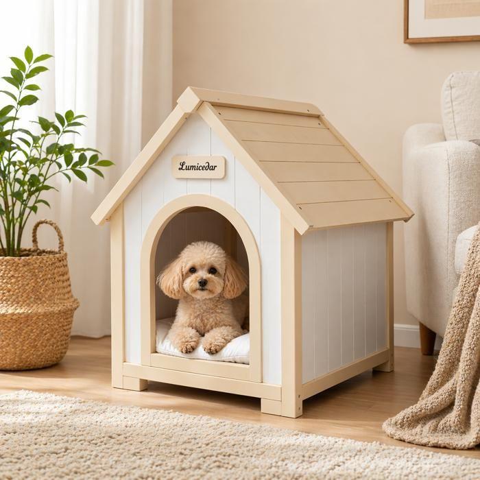 FSC Solid Wooden Indoor Dog & Cat House Niche, Scandinavian Design with Washable Cushion, 60x55x70cm