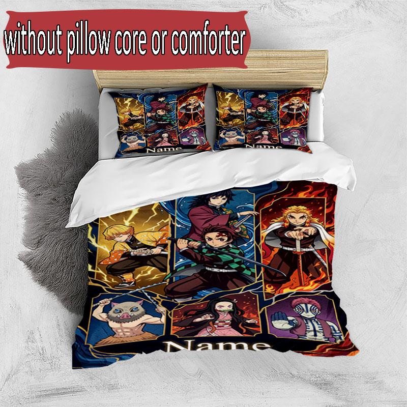 3pcs Duvet Cover Set (1*Duvet Cover + 2*Pillowcase, Without Core), Custom Name Demon Slayer Pattern Bedding Set, Home Bedroom Decor Gift