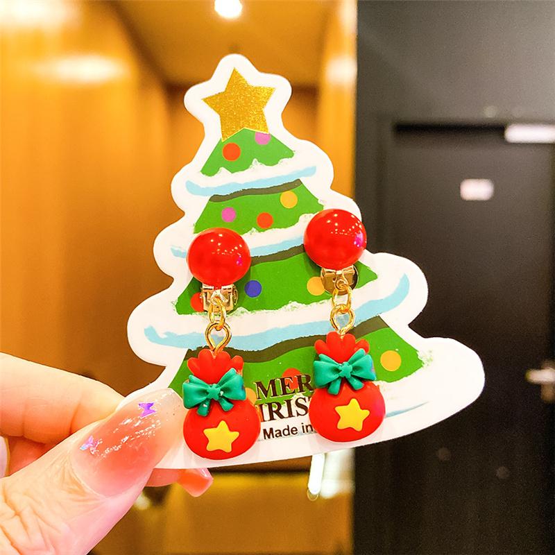 Рождественские детские серьги-клипсы без пирсинга, милые серьги с бахромой в виде оленя из мультфильма «Санта», серьги-подвески для девочек