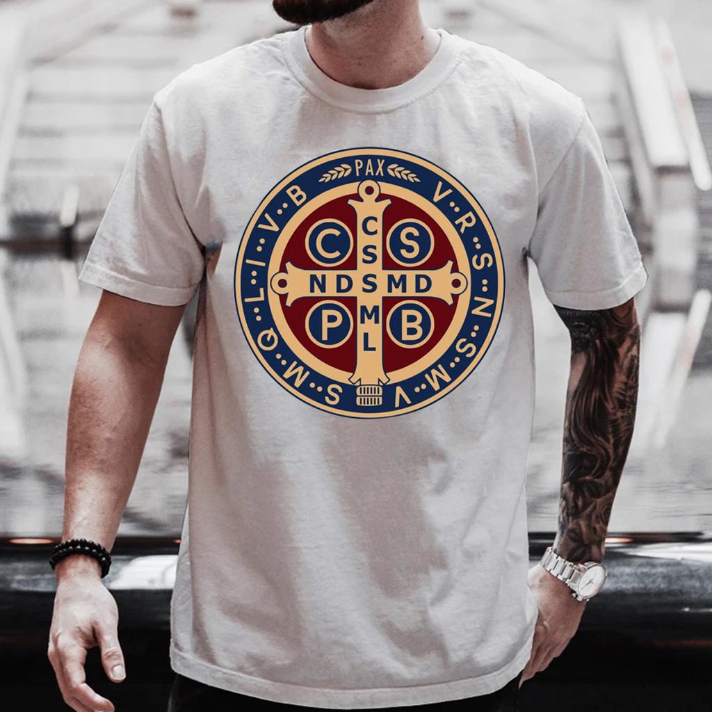 Футболка-пуловер с изображением католической медали Святого Бенедикта, мужская и женская повседневная хлопковая футболка с принтом, винтажная футболка Harajuku Oversize