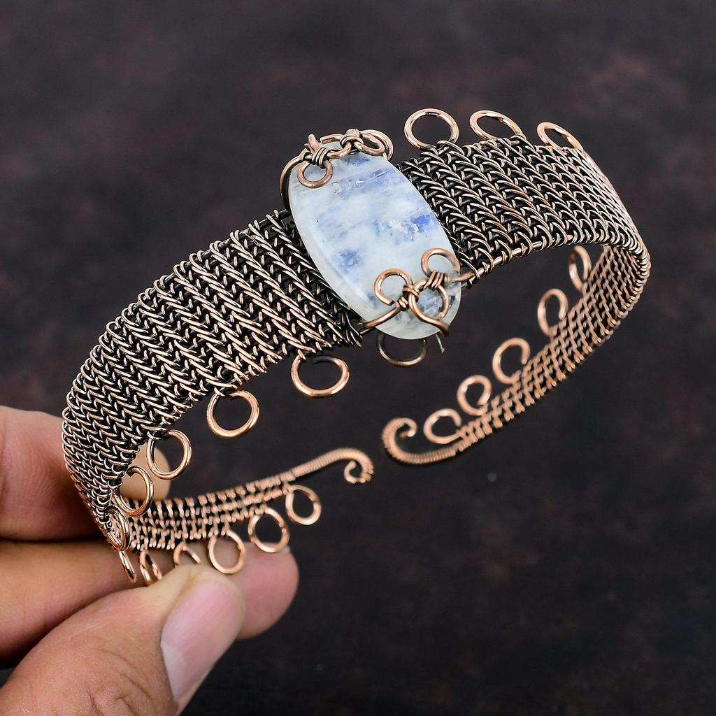 Радужный браслет из лунного камня, драгоценный камень, браслет-манжета из медной проволоки, ювелирные изделия ручной работы, регулируемый браслет, ювелирные изделия из медной проволоки, подарок на годовщину