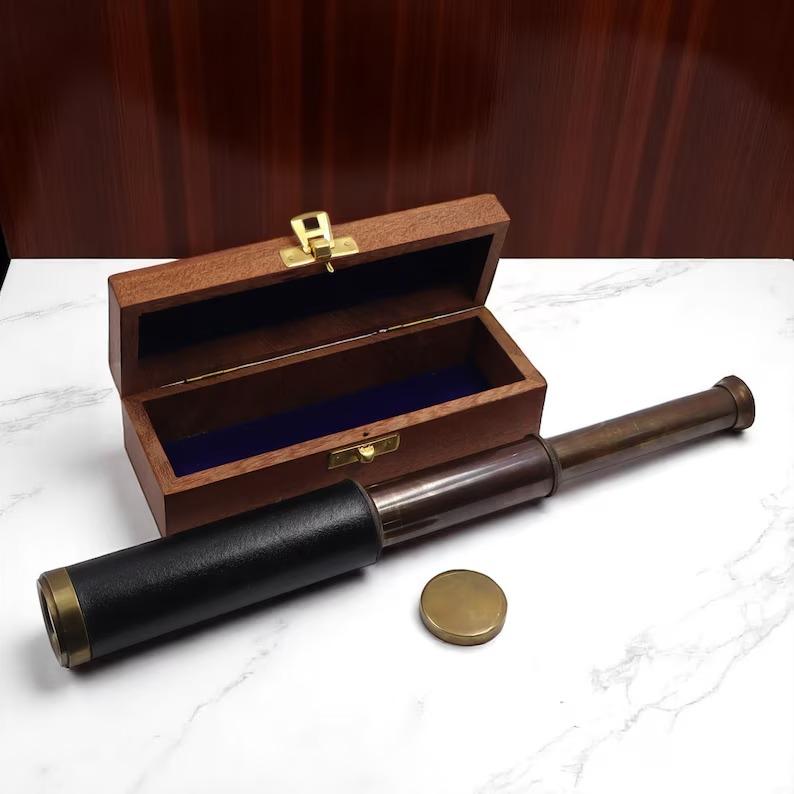 Personalised 12-Inch Bronze Telescope with Wooden Box: Custom Spyglass Gift
