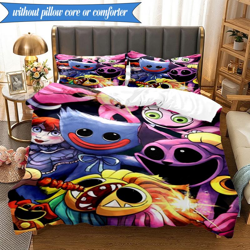 3PCS Blue Monster Huggy Night Bedding Set,Including 1pc Duvet Cover And 2pcs Pillowcases Perfect for Bedroom, Dormitory, Fan Christmas gift