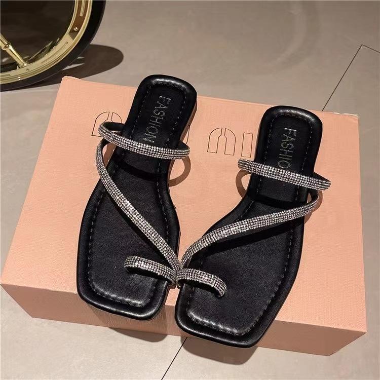2025 лето новые большие размеры со стразами носок квадратный низ крутые тапочки женские модные крутые тапочки женские