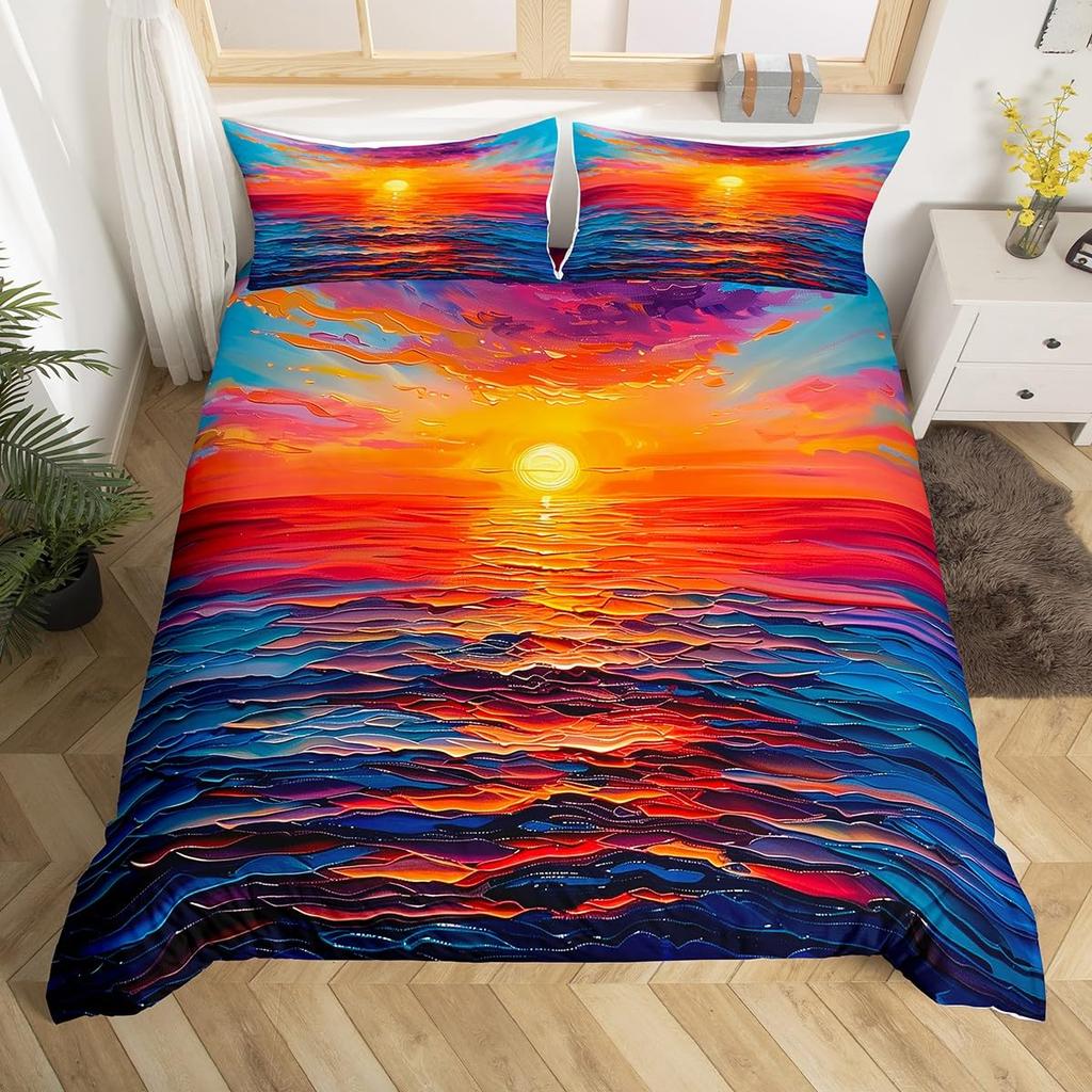 Sunrise Sunset And Sea Duvet Cover Sets For Teens Lightweight Quilt Covers Sea Coastal Nature Pattern Bedding Set Bedroom Decor