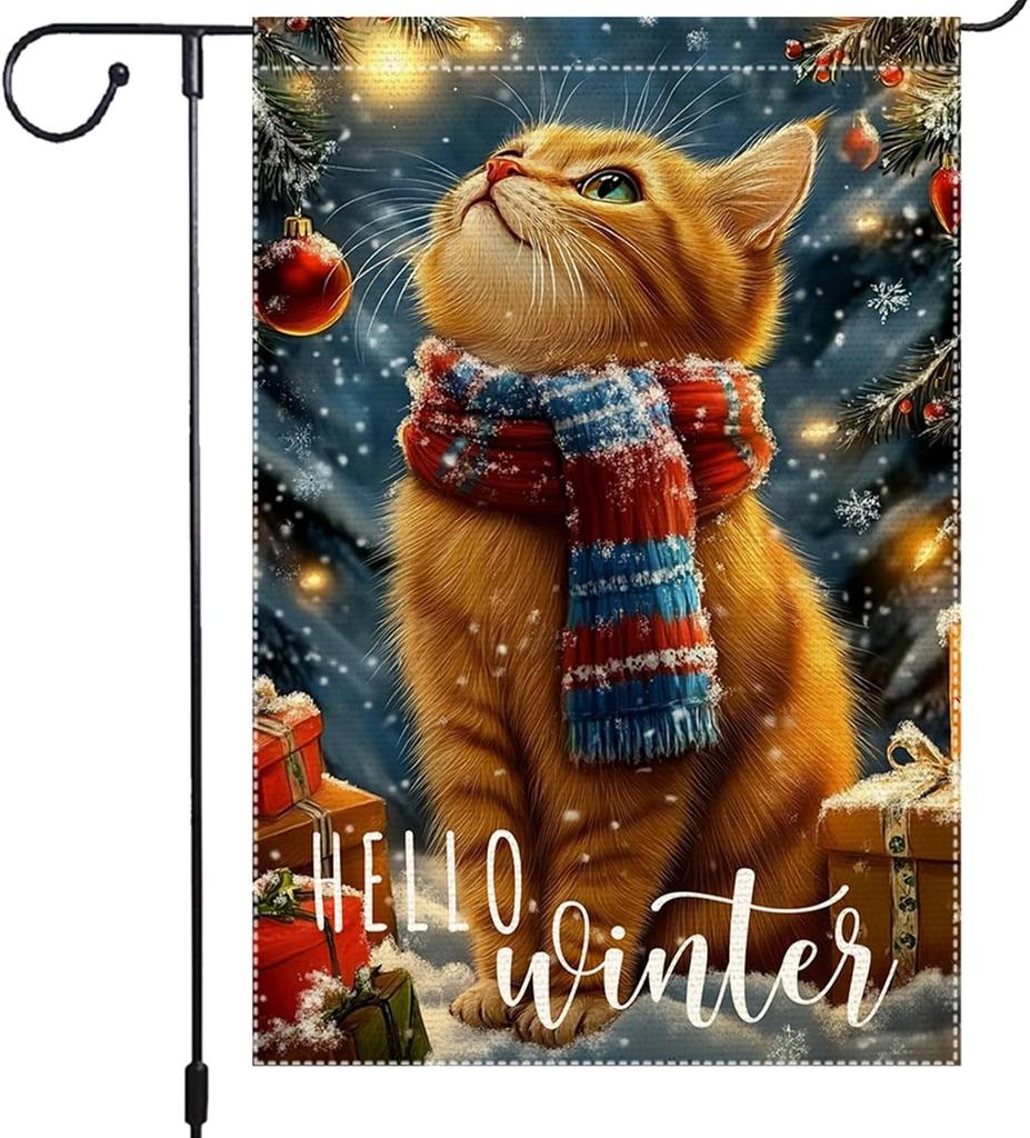Winter Cat Garden ag 12x18 Inch Double Sided Small Burlap Christmas Outdoor Decoration with Snowy Scarf and Gift Boxes IIK WZZ