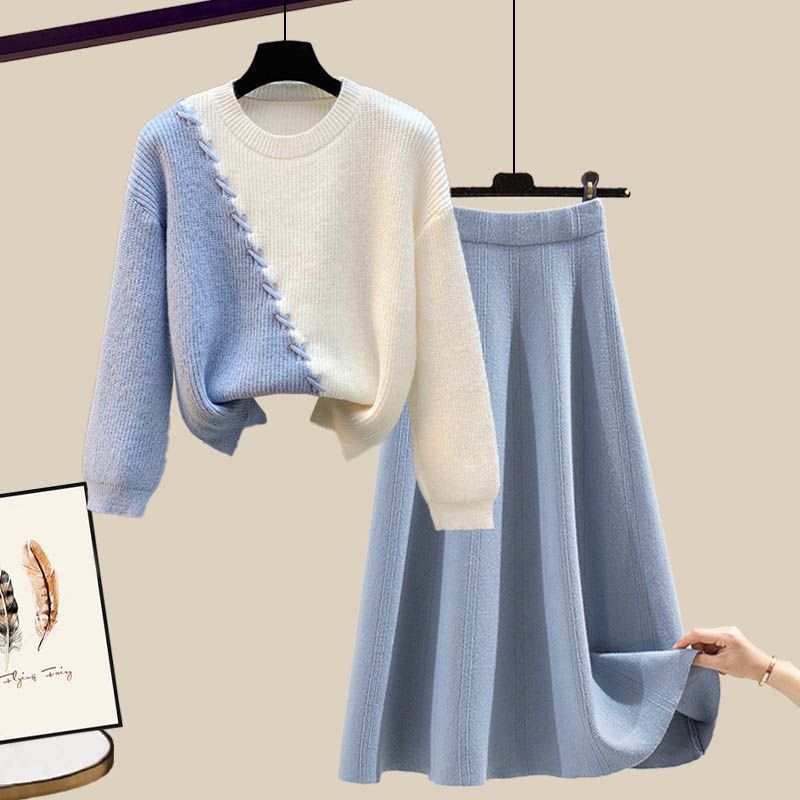 Fall/Winter Women's Skirt Suits Color-Blocked Pullover Knit Sweater Knit Skirt Two-Piece Set A Line Skirt Knit Top Outfits