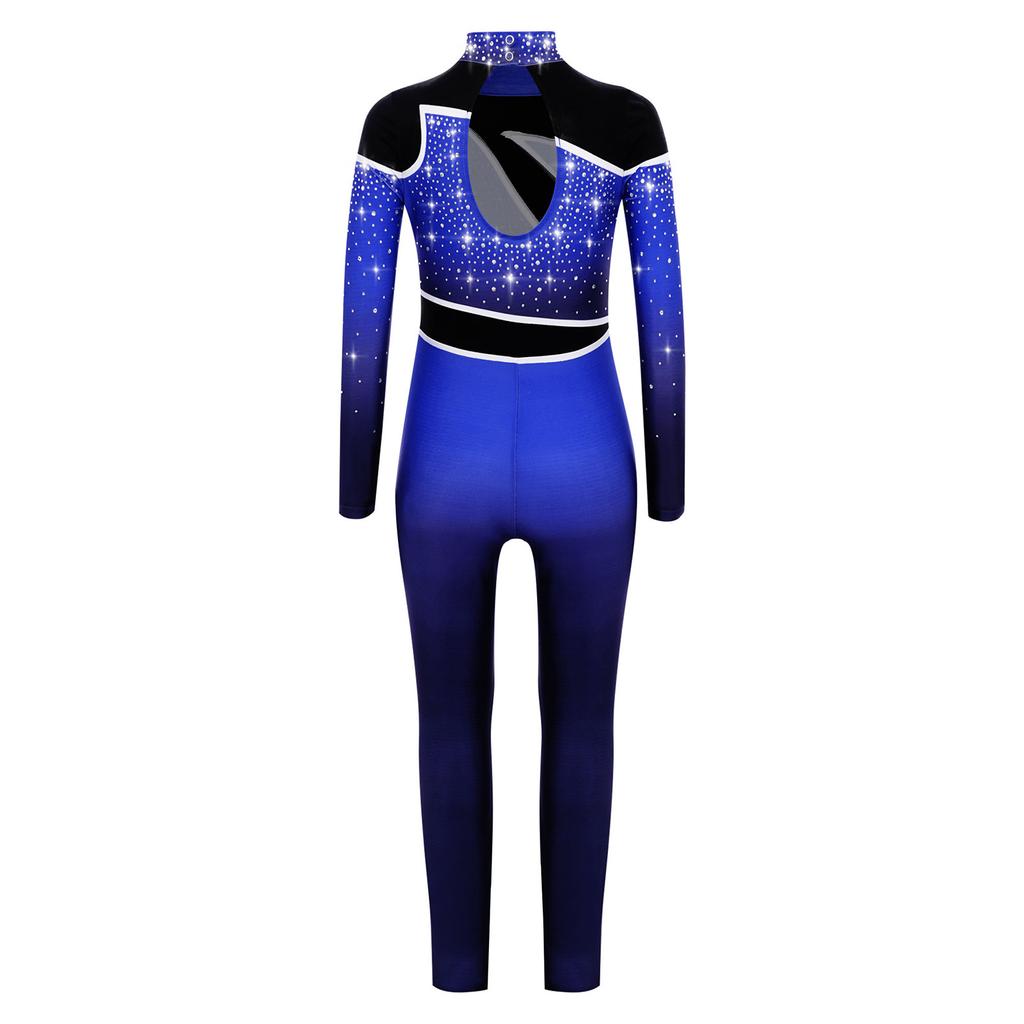 Girls Performance Jumpsuit Color Gradient Mock Neck Long Sleeve with Rhinestones Keyhole Back