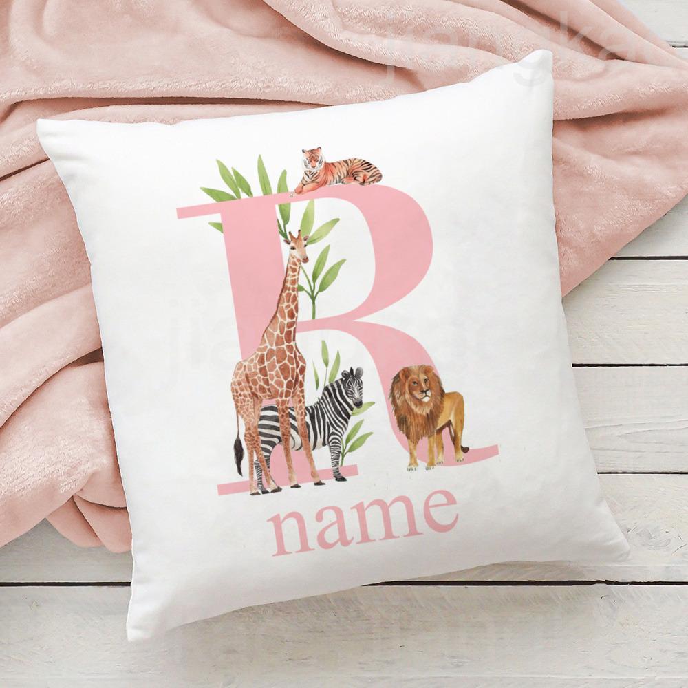 Personalized Pillow Case Initial with Name Safari Animal Pillow Cover Kids Bedroom Wild Party Decor Kids Birthday Shower Gift