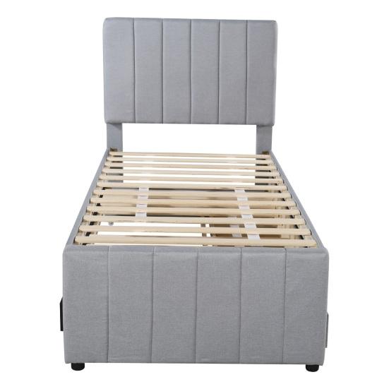 Youth Bed 90x200cm Cotton Linen Fabric Storage with Drawers Pull-out Single Headboard Lines