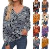 Женские топы с принтом на Хэллоуин, рубашка с длинным рукавом, V-образный вырез, повседневная свободная футболка, осенняя одежда