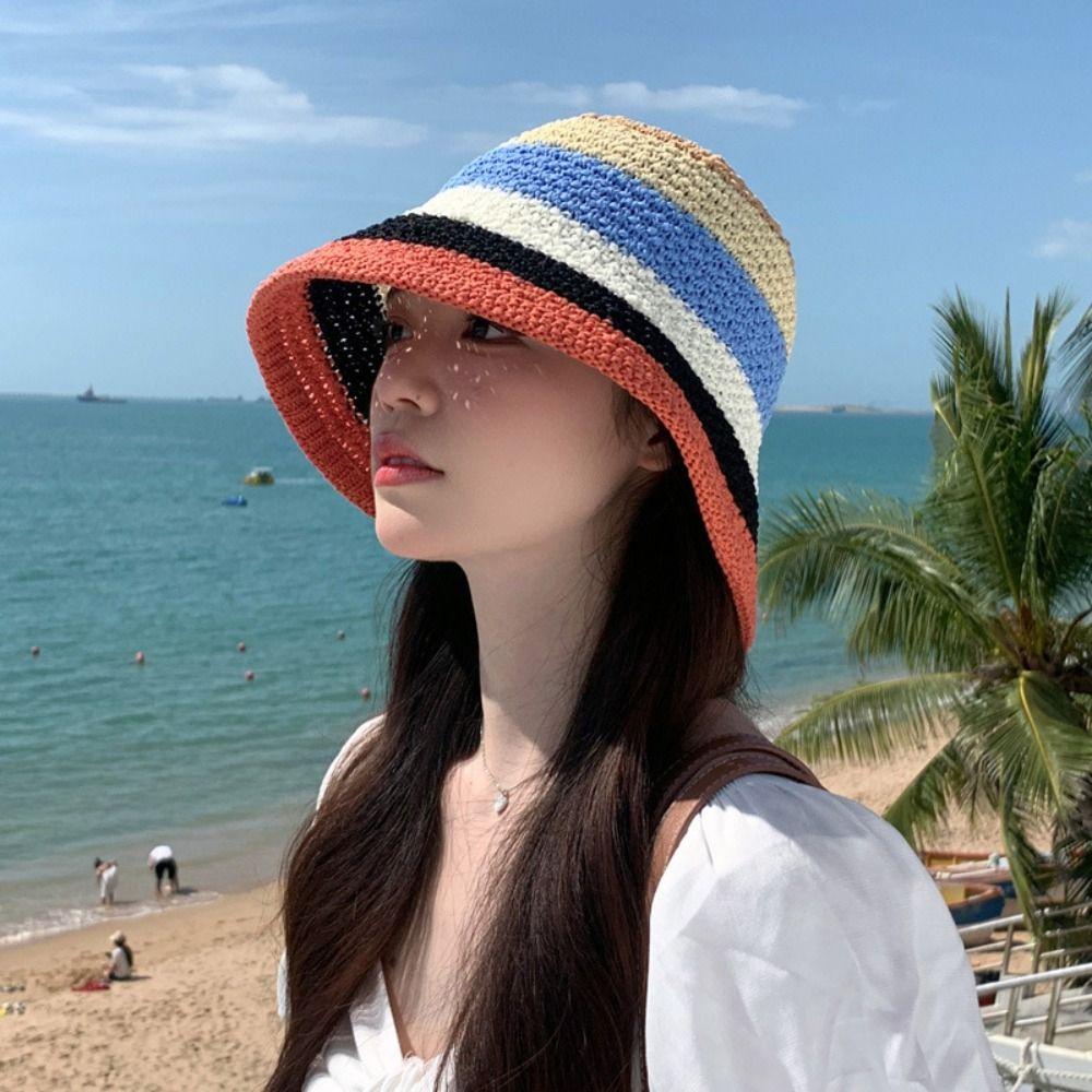 Shade Sun Caps Sunscreen Bucket Hat Stripe Beach Fisherman Hat Rainbow Straw Hat  Outdoor Sports