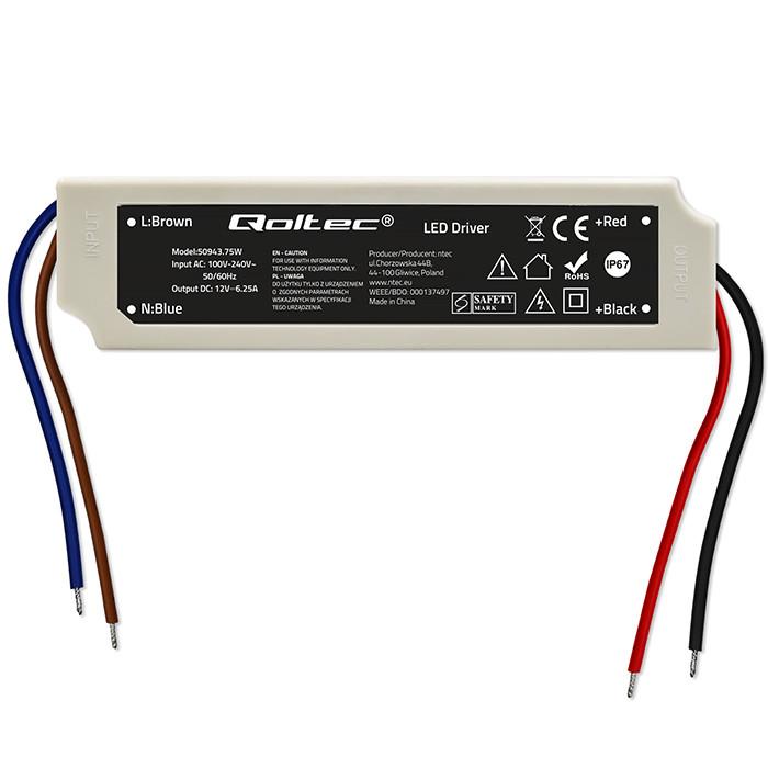 Qoltec Zasilacz impulsowy LED IP67 | 75W | 12V | 6.25A | Wodoodporny | Biały