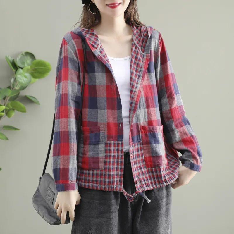 Hooded Plaid Cotton and Linen Shirt Large Size Literary and Retro Casual Cardigan Top