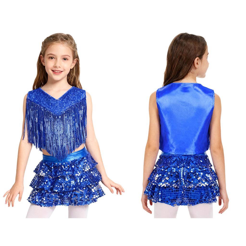 Complete 70s Disco Costume Set for Kids Girls: Shiny Metallic Top with Chest Tassels & Tiered Ruffle Shorts, 2-Piece Outfit