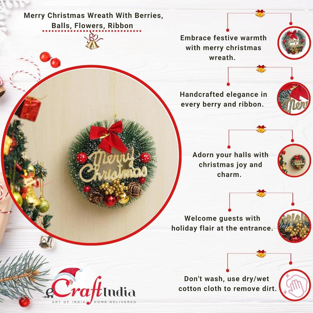 Зеленый рождественский венок для входной двери с красными ягодами, шарами, цветами, лентой | Гирлянда на Рождество | Рождественские подарки, украшения, реквизит
