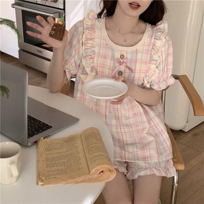 Летний новый комплект пижамы с коротким рукавом для женщин тонкого дизайна и из ткани с пузырчатой морщинкой, подходящий для ношения вне дома, милая домашняя одежда