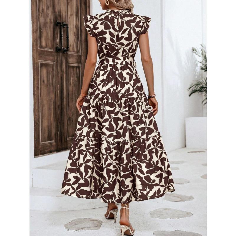 VEZFAA Женская мода лето весна цветочный узор принт короткий рукав полуводолазка высокая талия повседневные платья