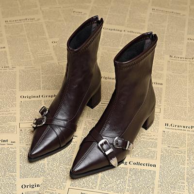 Осенне-зимняя мода Ботильоны на толстом каблуке Женская мода Обувь с металлической отделкой Уличный стиль Вечеринка Короткие ботильоны женские