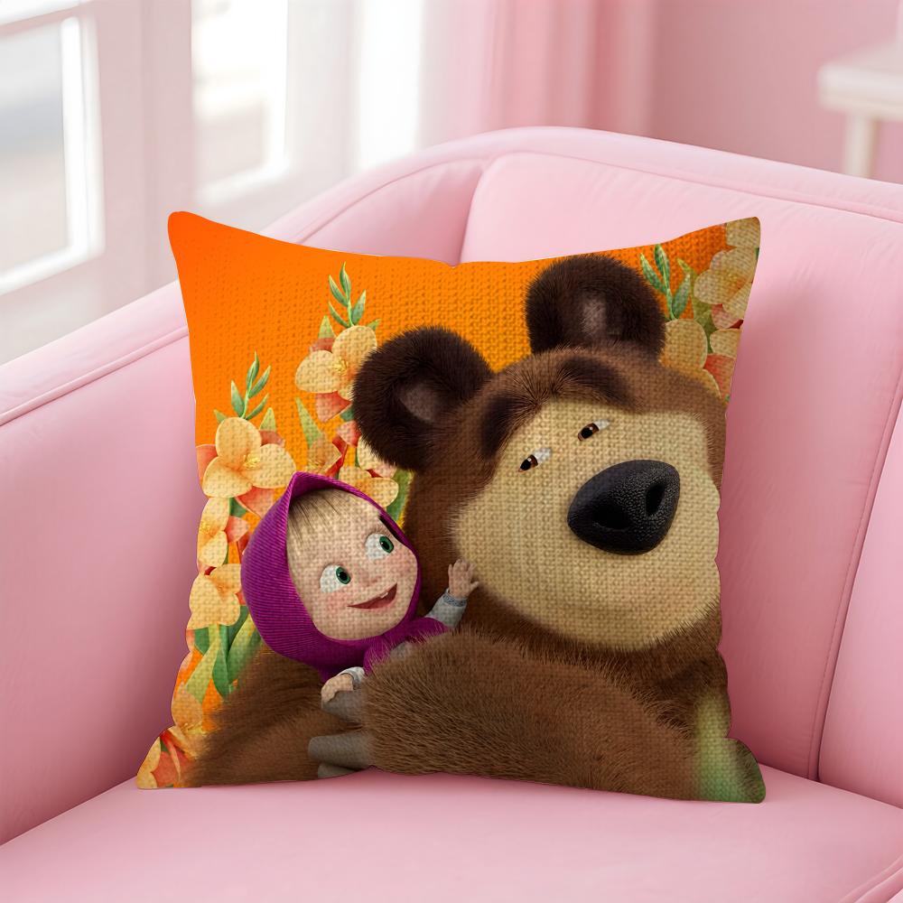 MMasha And The BearR Cushion Cover Natural Linen Pillow Case DoubleSided Print Decorative Sofa Pillowcase Home Decor Gift
