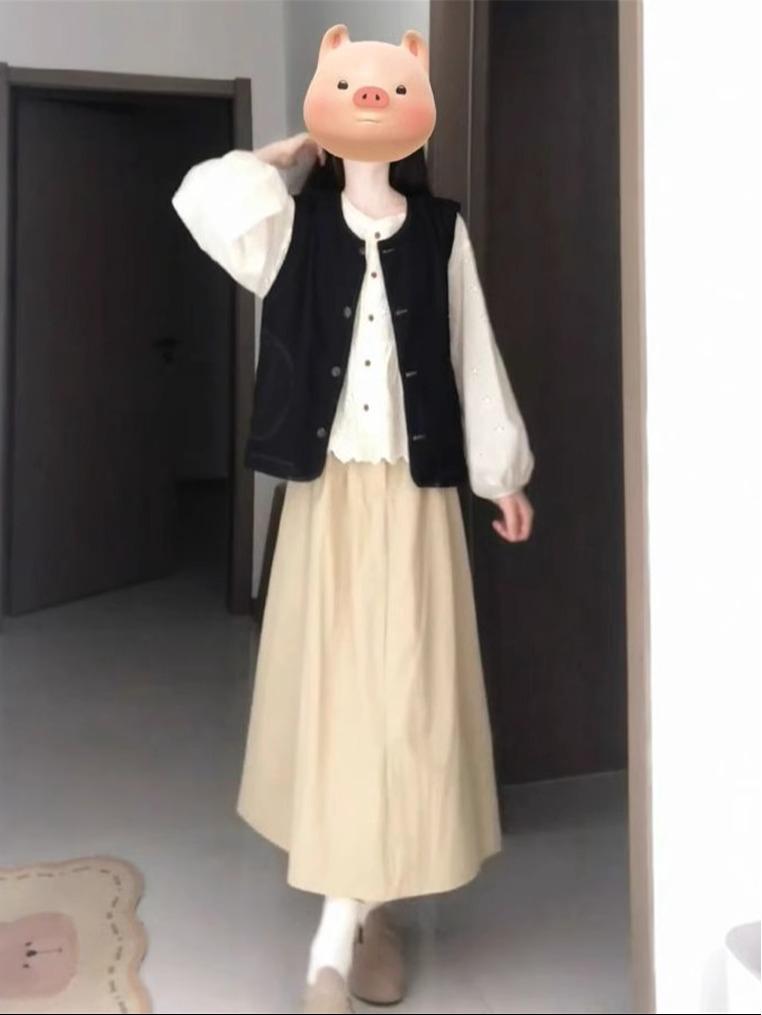 Женский осенний французский милый короткий джинсовый кардиган-жилет с полуюбкой и комплектом белой рубашки с длинным рукавом