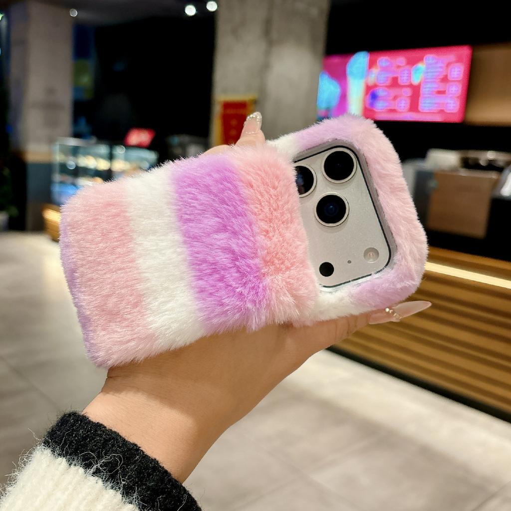 For iPhone 17 Pro Rainbow Fluffy Phone Case Winter Warm Hand Strap TPU Cover