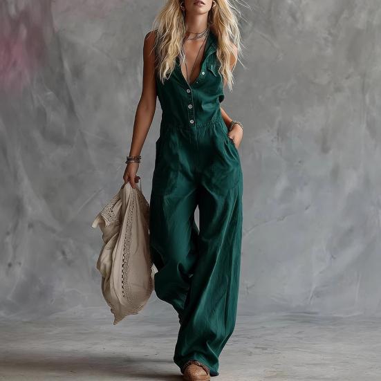 Summer Women Jumpsuit V Neck Sleeveless Front Button Casual Loose Wide Leg Pants Ladies Long Romper Overall with Dual