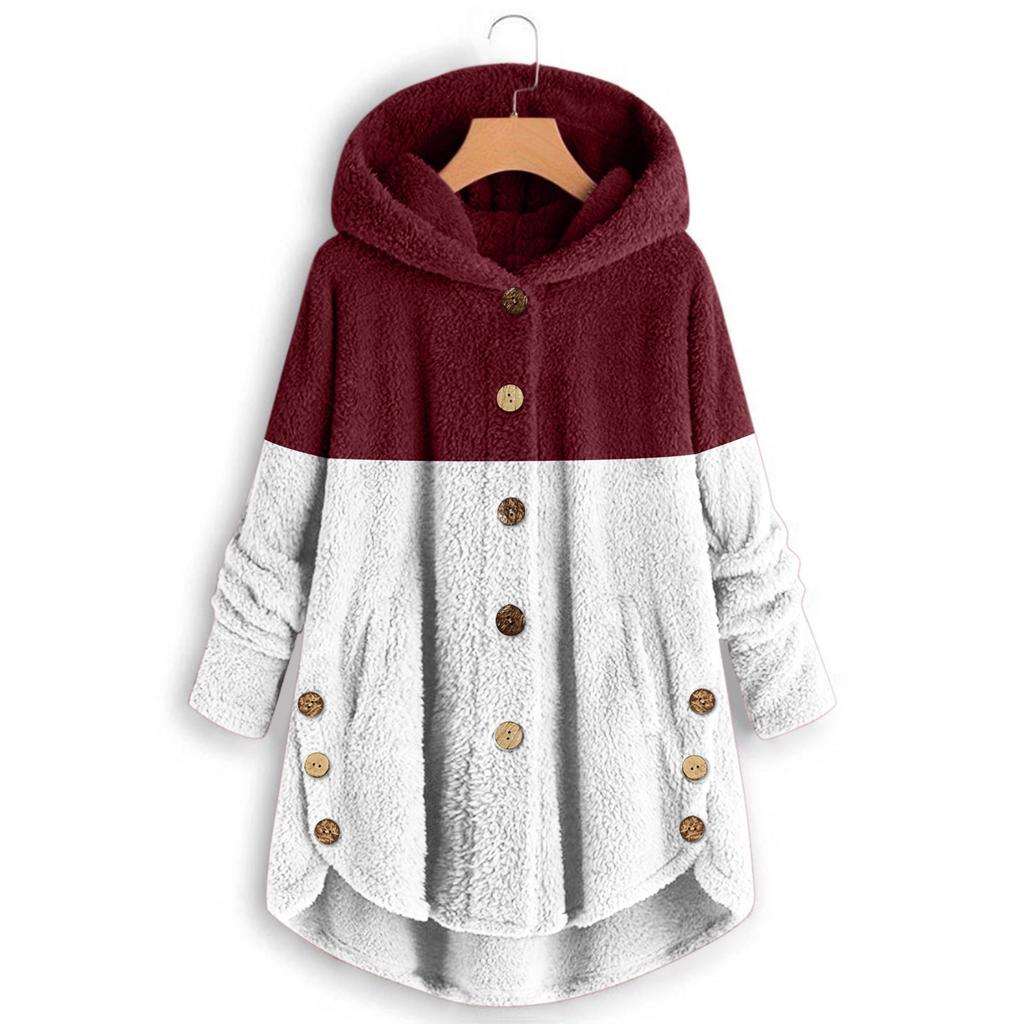 Women's Fashion Stitching Loose Hoodies Long Sleeve Plush Button Coat