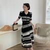 Трикотажные полосатые платья для женщин, повседневное платье с высокой талией и коротким рукавом, весенняя женская одежда с разрезом