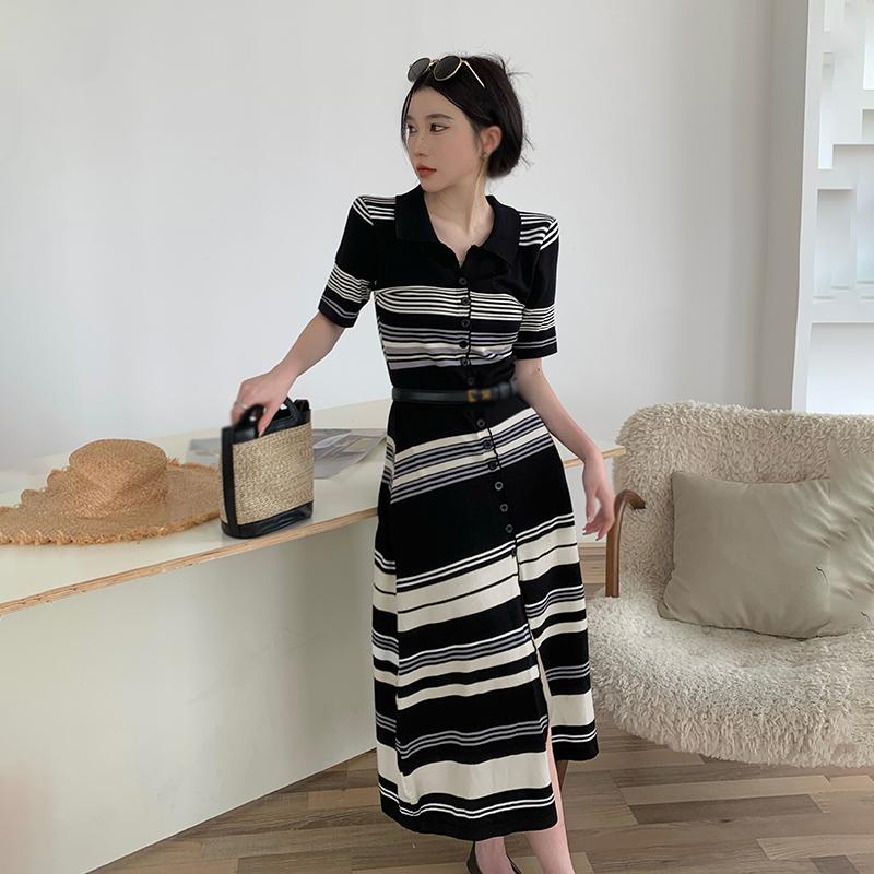 Трикотажные полосатые платья для женщин, повседневное платье с высокой талией и коротким рукавом, весенняя женская одежда с разрезом