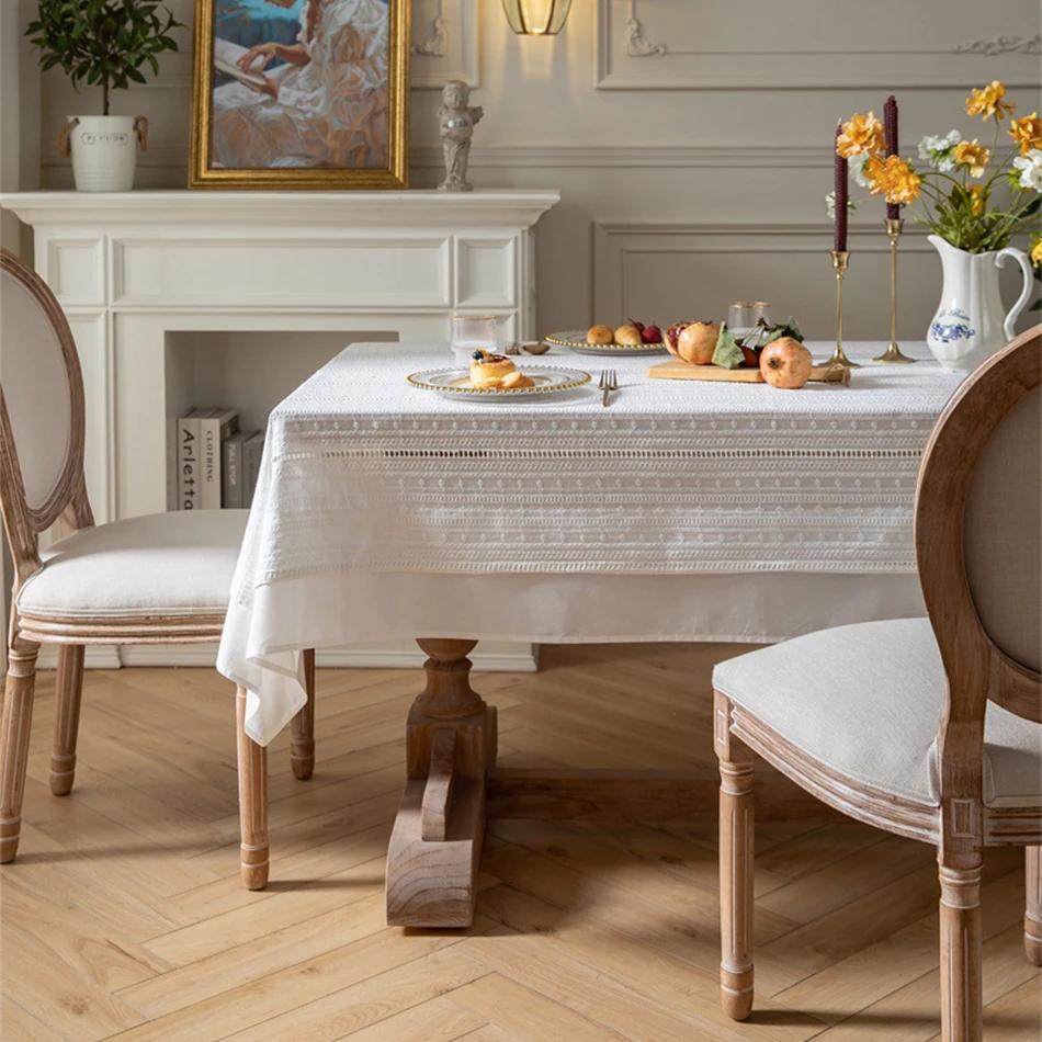 Хлопковая белая скатерть с французскими рюшами, украшение для чайного стола, прямоугольное покрытие для стола для кухни, декора для свадебной столовой