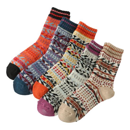 5 Pairs Winter Warm Crew Socks for Women Thick Mid-Calf Knitted Socks Retro Ethnic Style Socks for Christmas Gifts