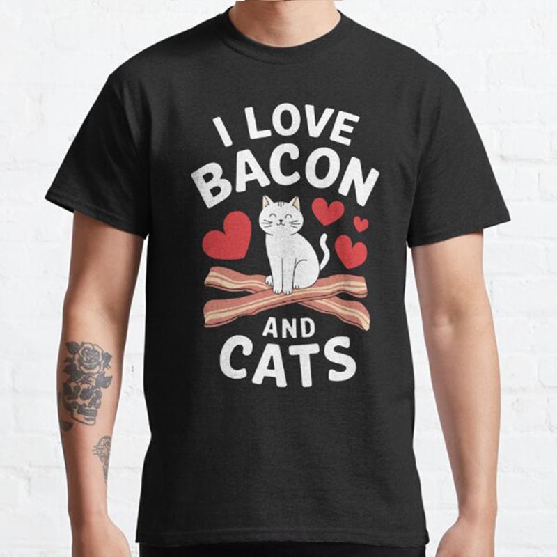 Летняя мужская мода повседневные футболки с короткими рукавами I Love Bacon and Cats черные футболки больших размеров